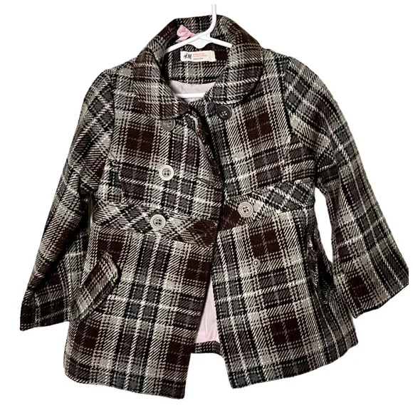 Girl’s H & M Plaid Peacoat Size 2-3 Years - Picture 2 of 4